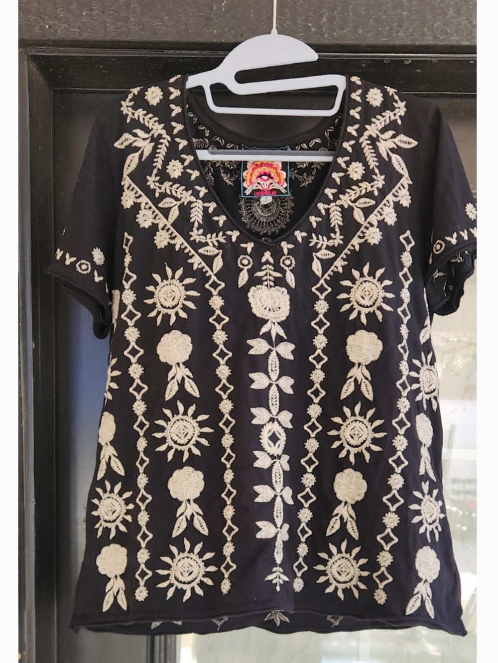 Johnny Was  Embroidered Black Top with Cream Floral Motif - Picture 2 of 4